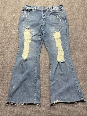 Judy Blue Jeans Womens 20W 36x31 Blue Flare Fit Distressed Raw Hem Hippie Boho